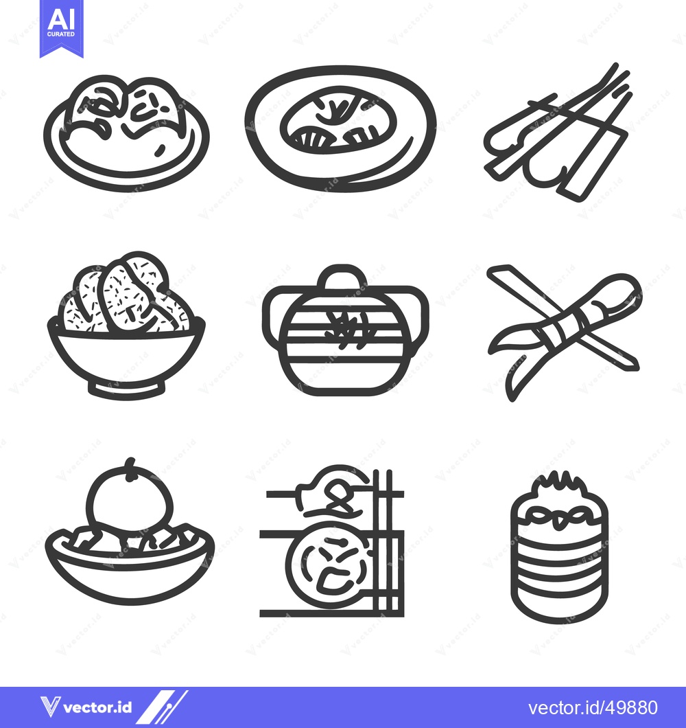 Premium Vector dari Various black line drawings depicting different food items on a white
