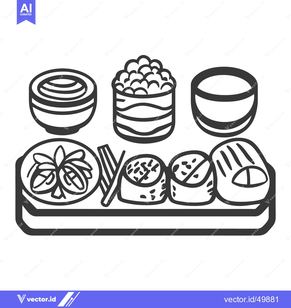 Premium Vector of An illustration of sushi rolls and other accompaniments in black outli