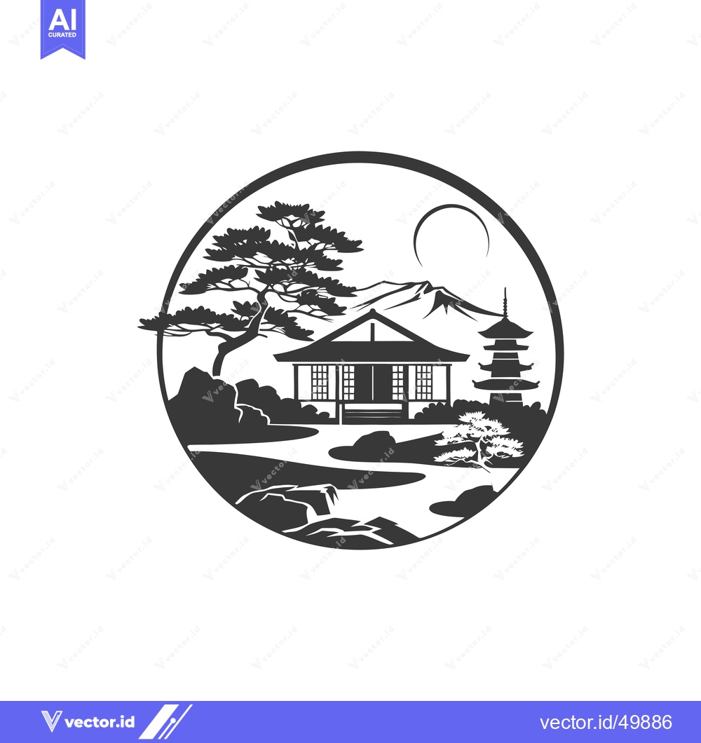 Premium Vector dari Japanese garden scene with a house, pagoda, trees, and mountains in a