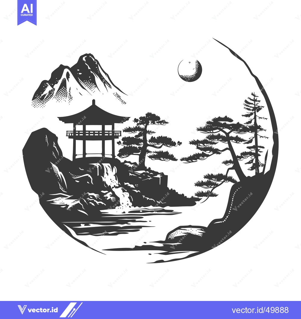 Premium Vector dari Japanese Landscape with Pagoda, Mountain, Waterfall, Moon, and Pine Tr