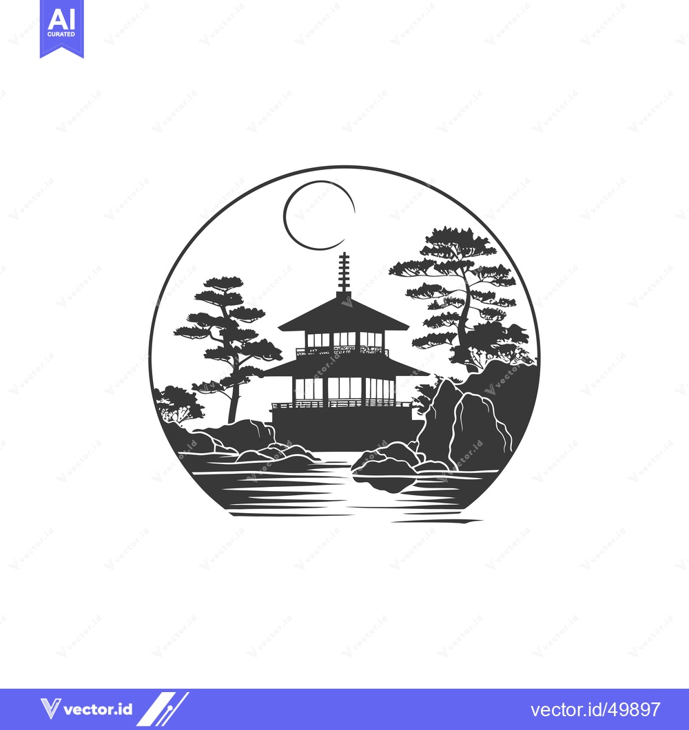 Premium Vector of Japanese Pagoda Silhouette with Moon and Trees