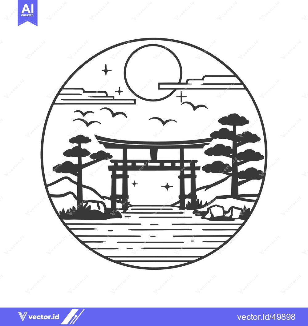 Premium Vector of Japanese Torii Gate Landscape with Moon and Birds