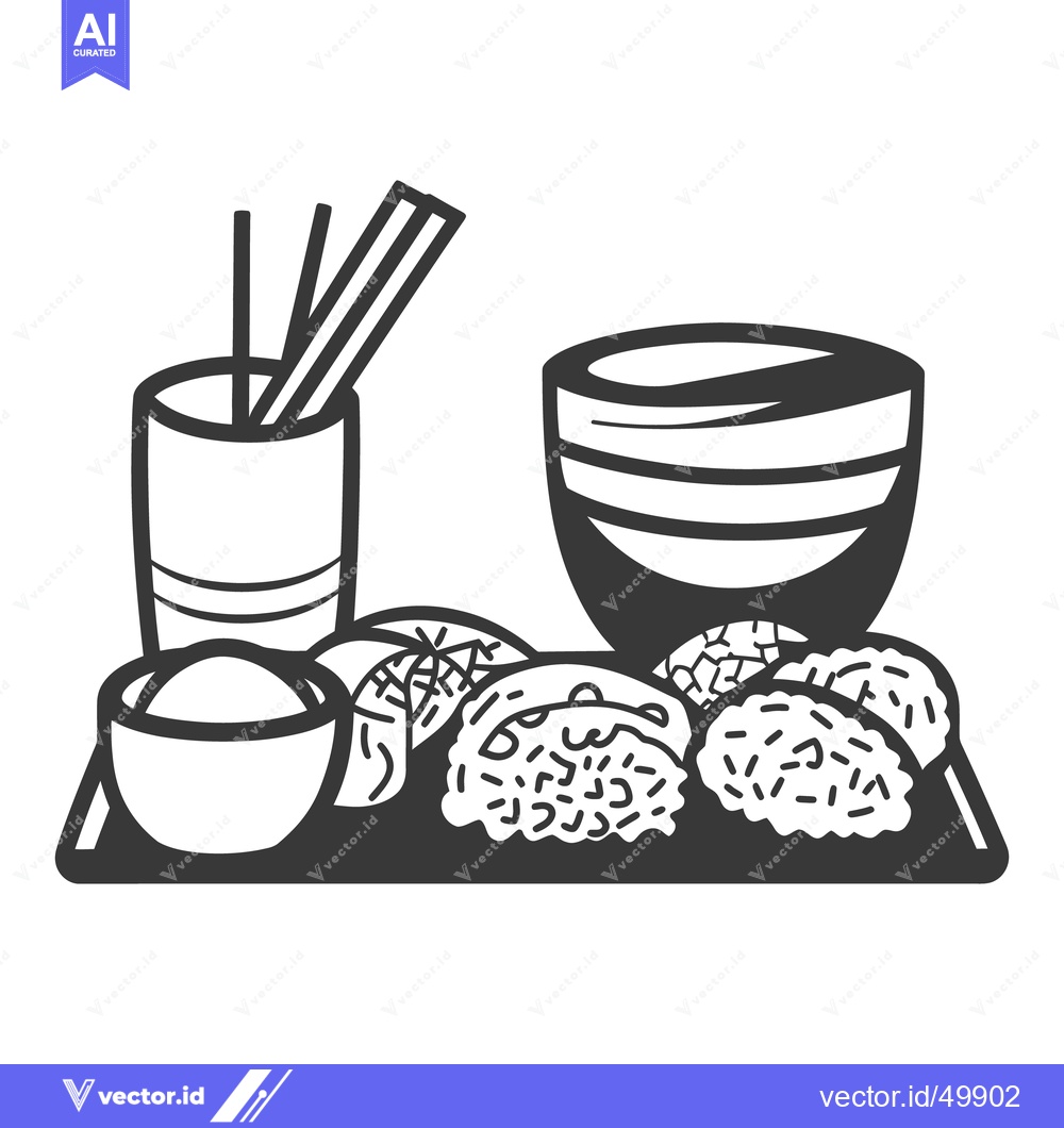 Premium Vector of A simple grayscale illustration of asian food on a plate