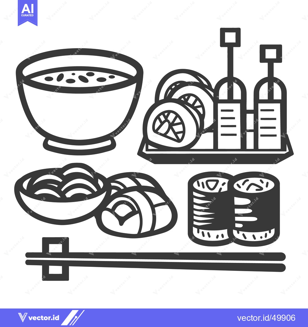 Premium Vector of Black and white illustration of various delicious Japanese food items