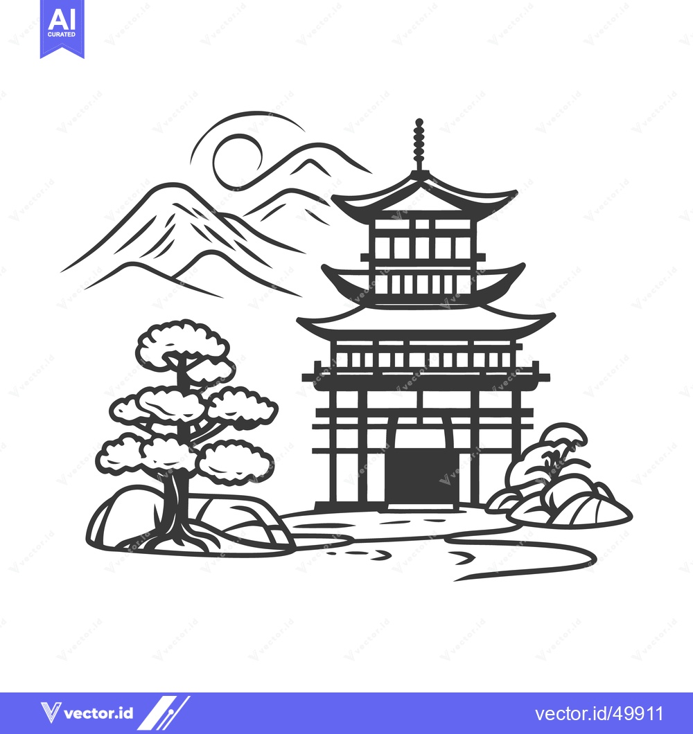 Premium Vector of A stylized black and white drawing of a pagoda and landscape