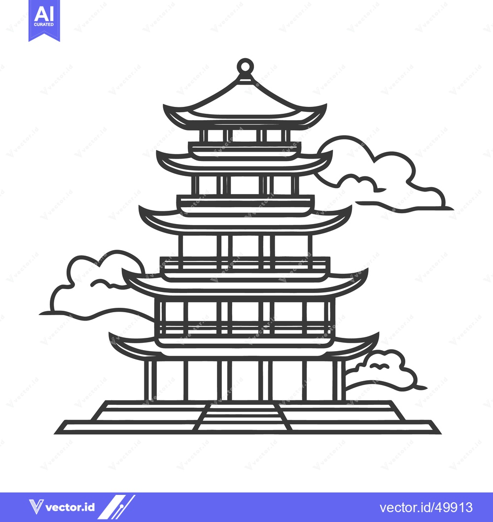 Premium Vector of A stylized line drawing of a pagoda surrounded by clouds