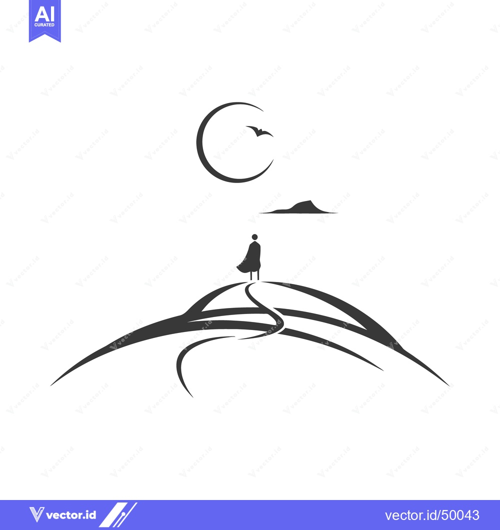 Premium Vector dari A person stands atop a hill under the moon with bird