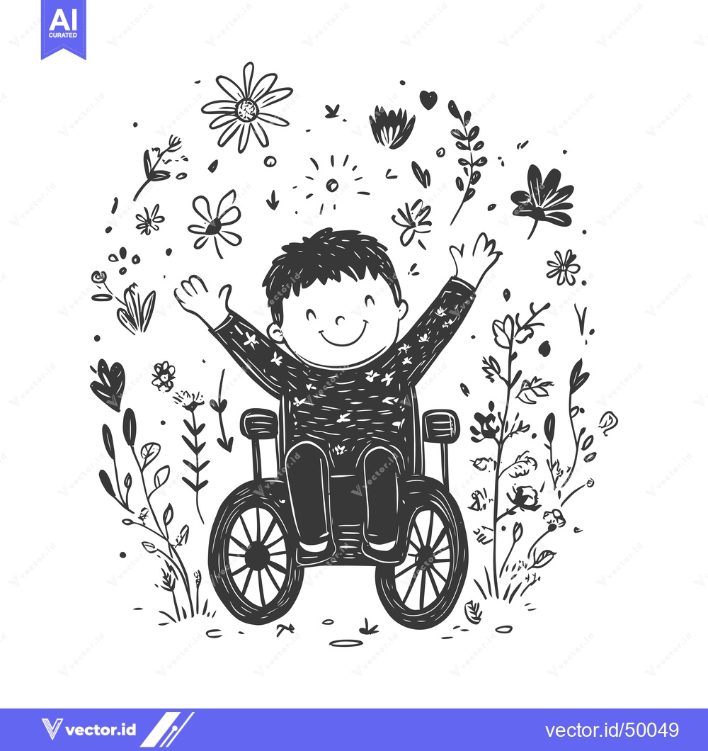 Premium Vector dari Joyful Boy in Wheelchair Surrounded by Flowers