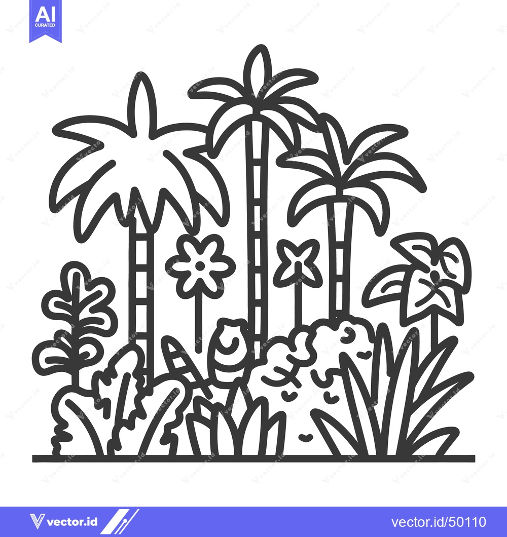 Premium Vector dari Simple line drawing depicts lush tropical plants and trees