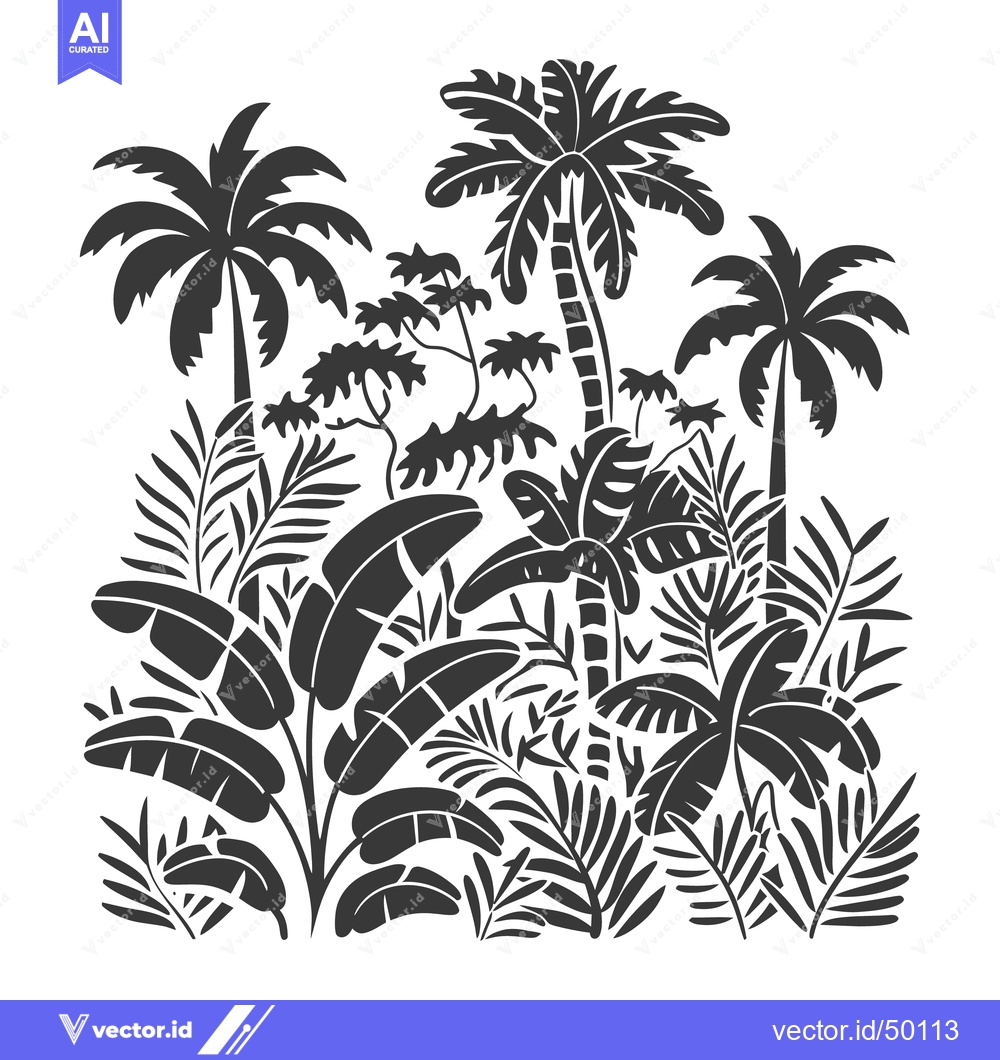 Premium Vector of Decorative image featuring silhouettes of tropical plants and trees