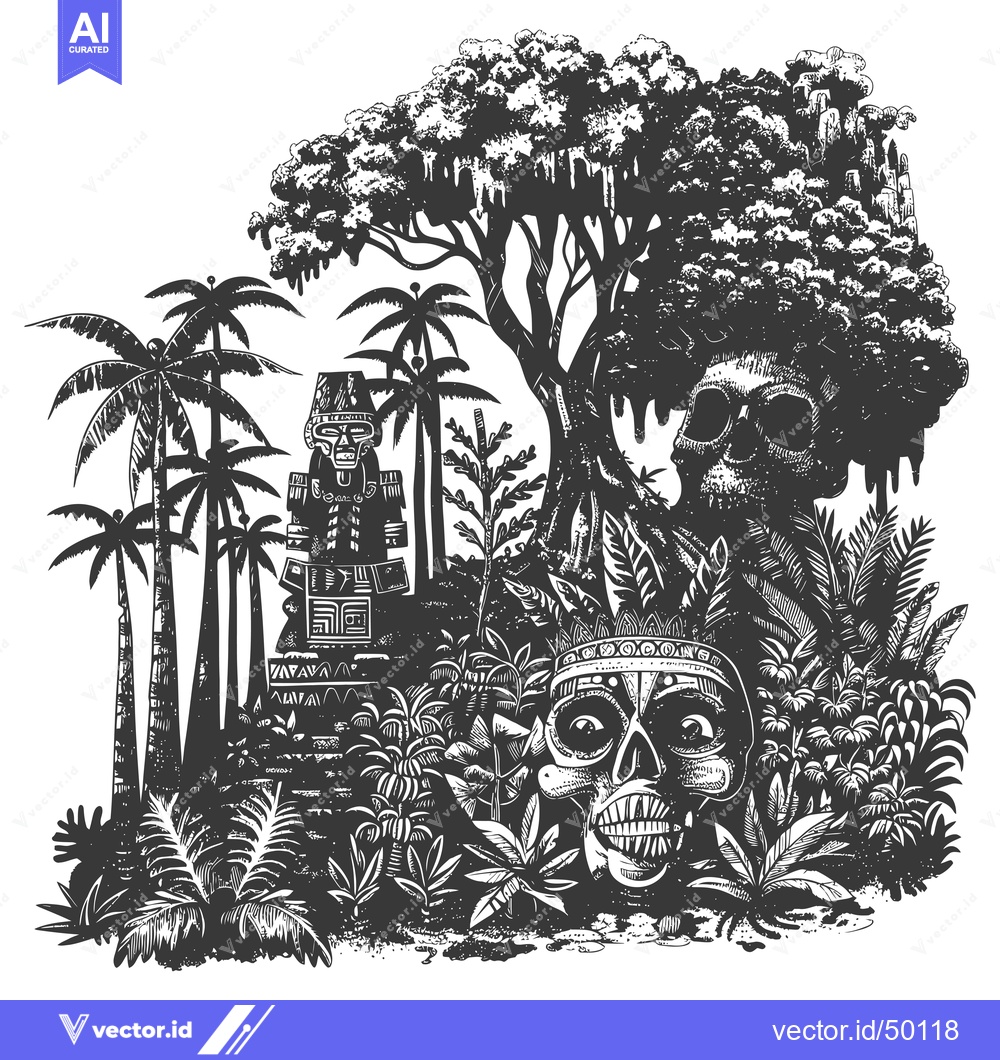 Premium Vector of Jungle Scene with Skulls, Totem, and Palm Trees