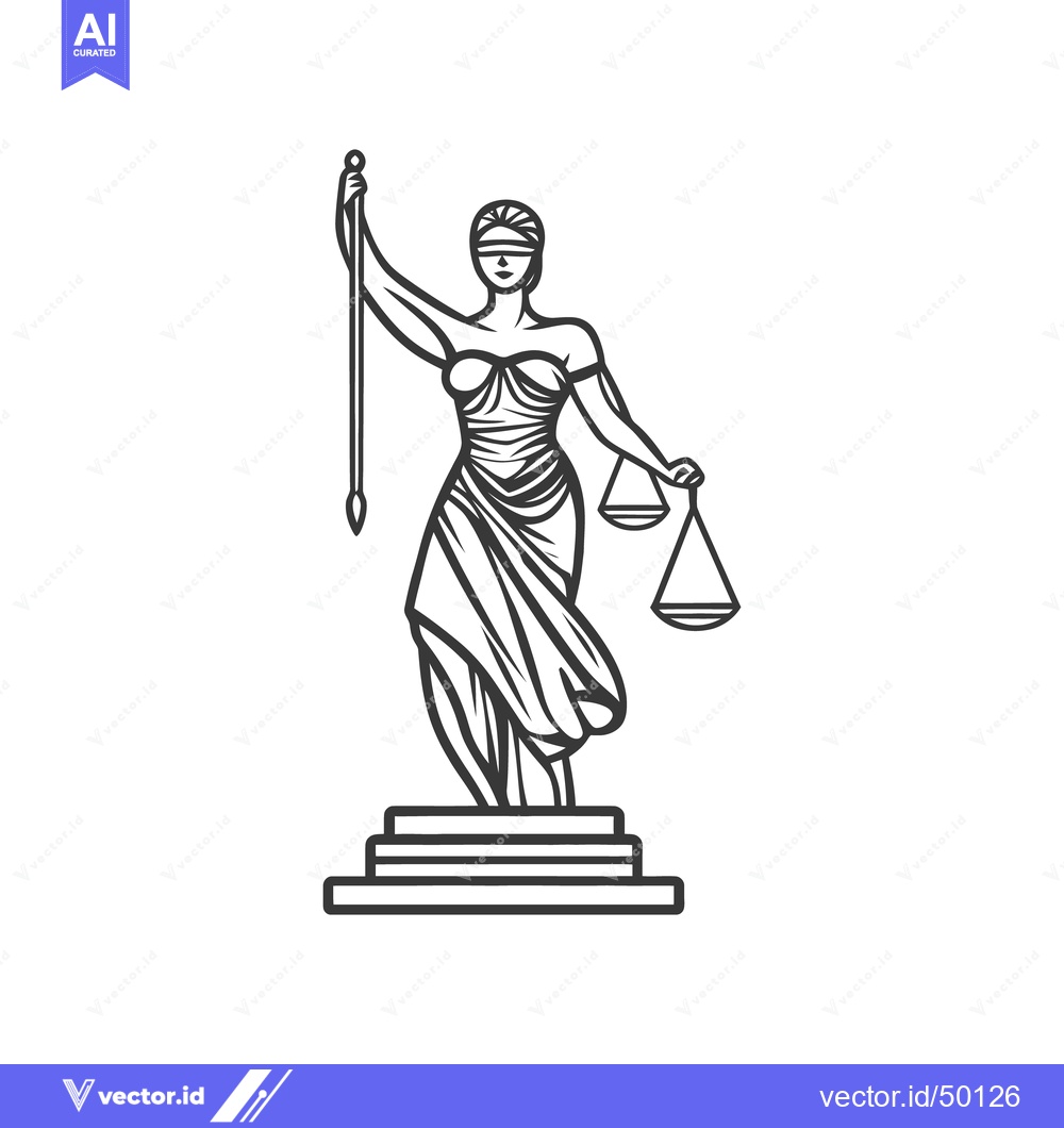 Premium Vector of A black and white illustration depicts lady justice holding scales