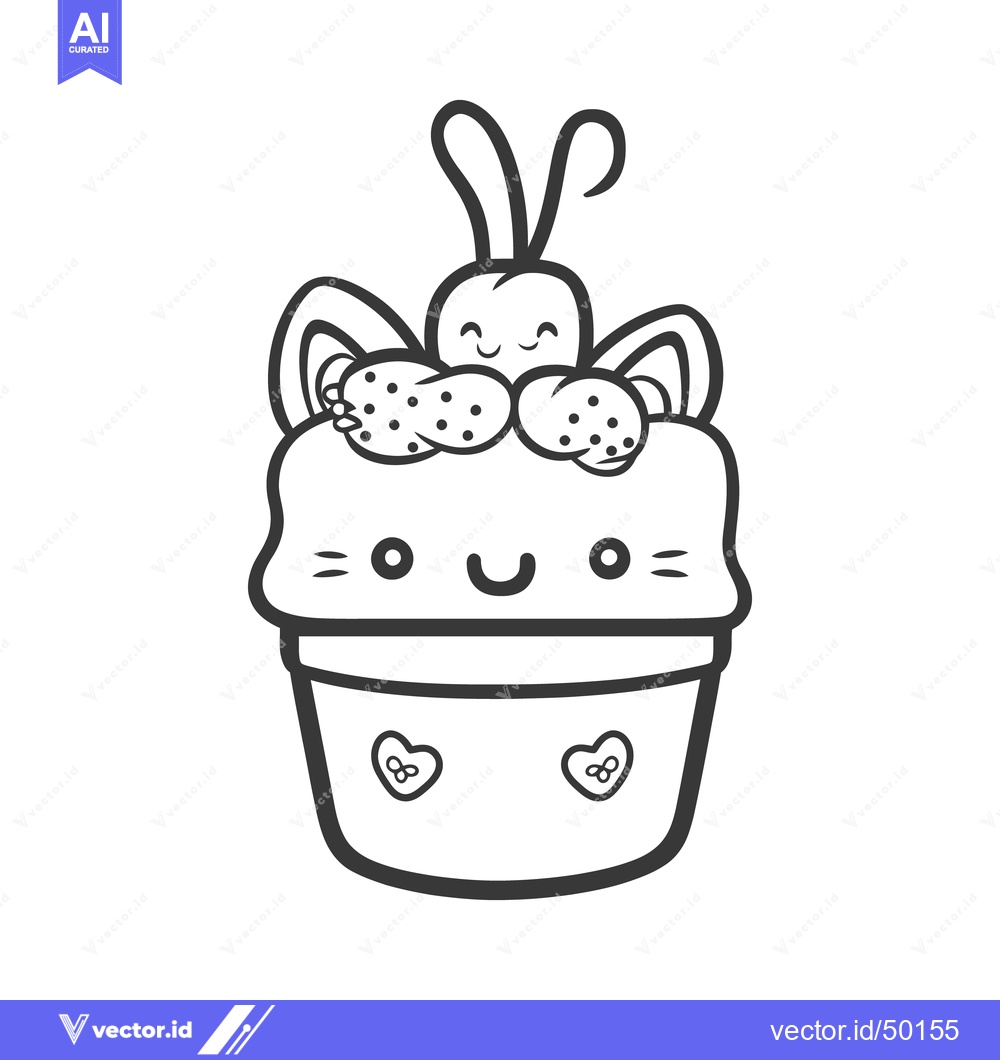 Premium Vector dari A cute smiling cartoon bunny character resting on a cupcake