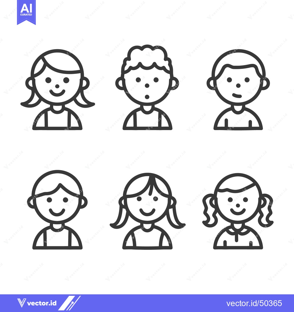 Premium Vector of Six distinct and smiling child icons are depicted simply in outline st