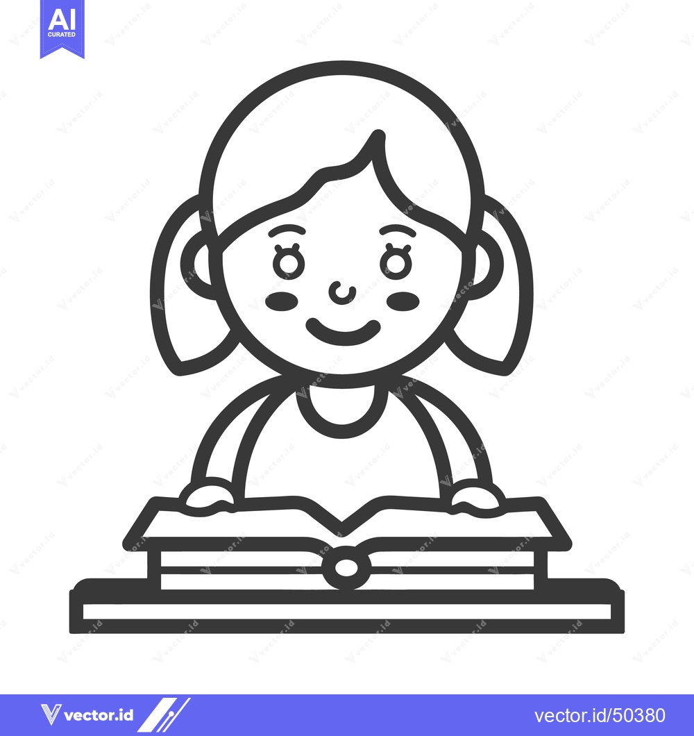 Premium Vector dari A young girl wearing pigtails is reading a book at a desk