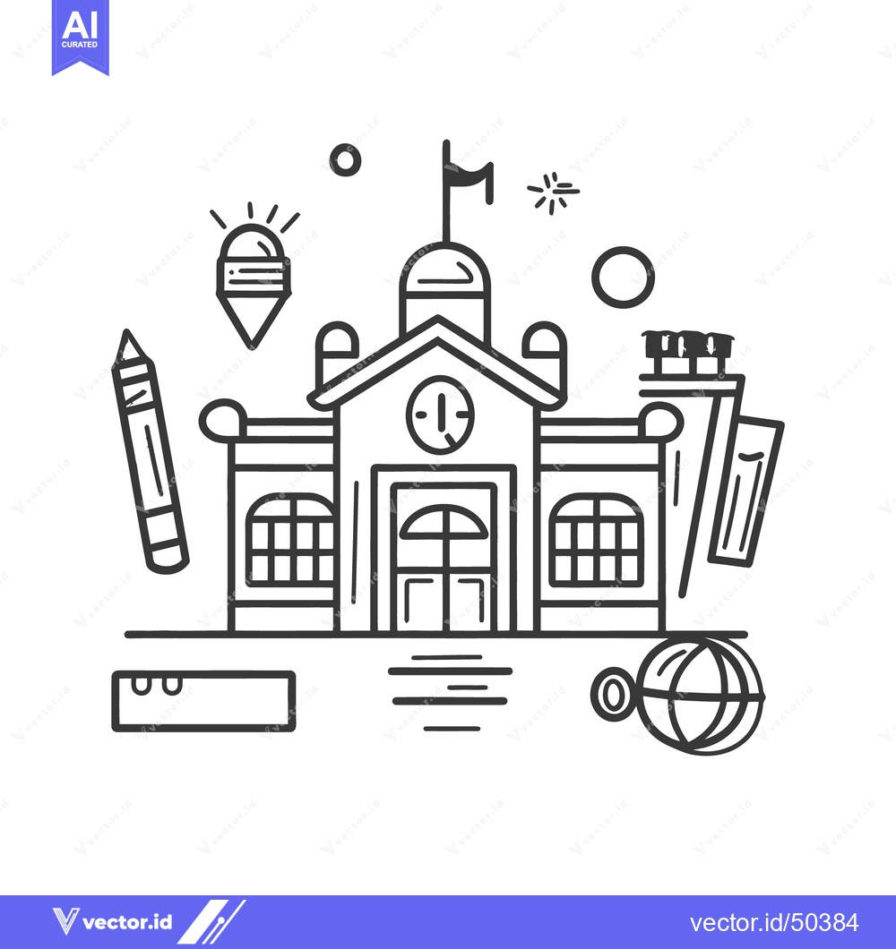 Premium Vector of A simple line drawing of a school building and related items
