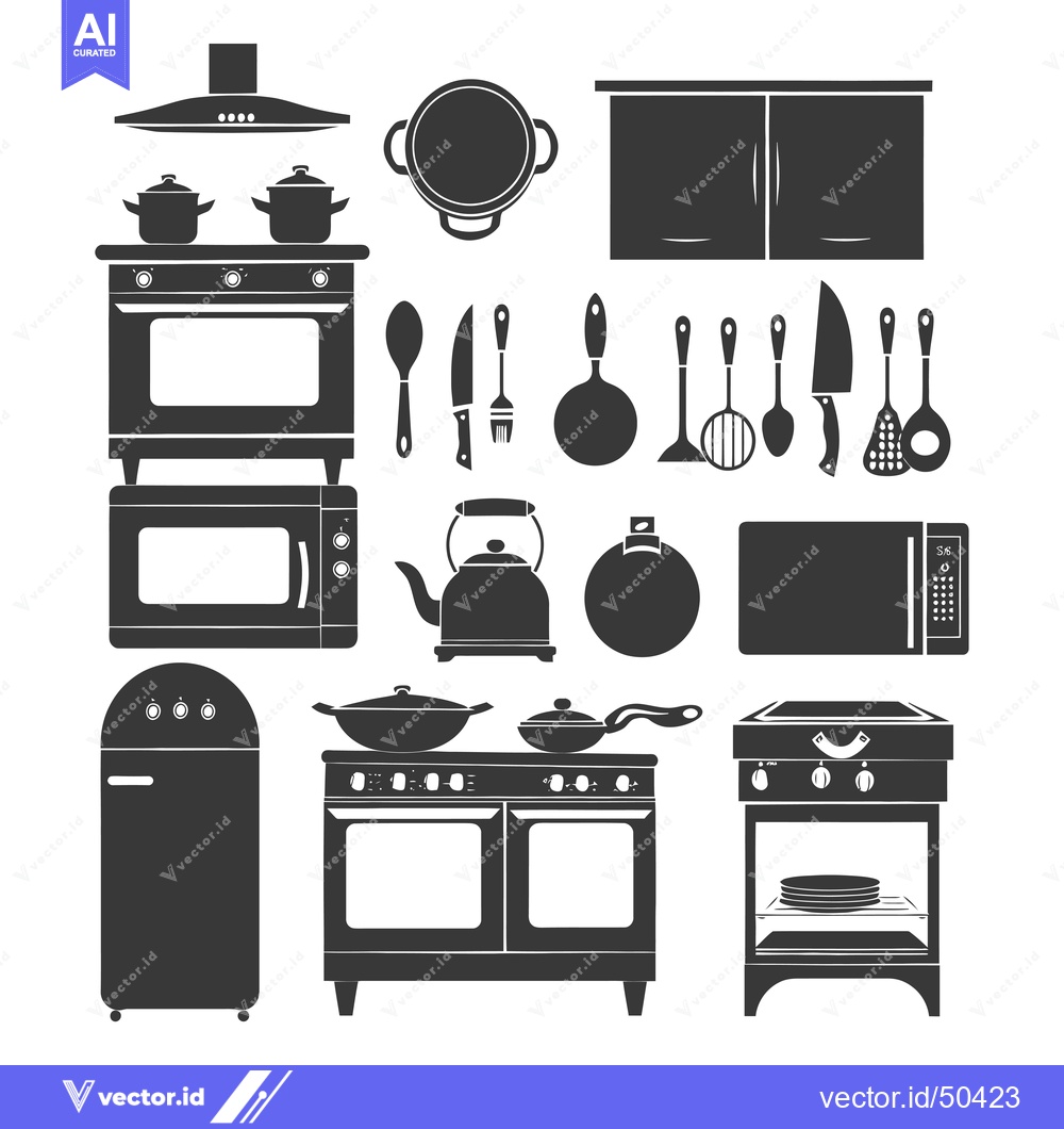 Premium Vector of Kitchen Appliances and Utensils Silhouette Set