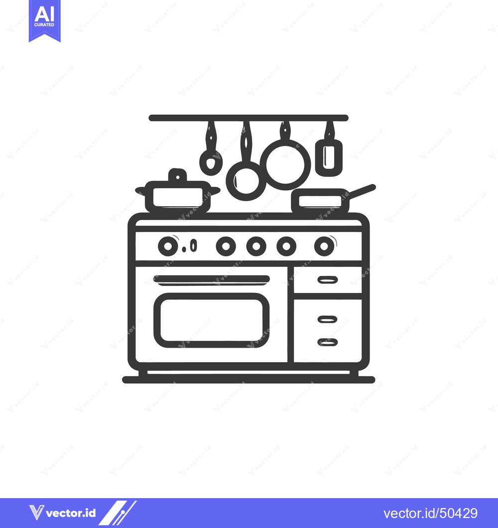 Premium Vector of Kitchen Stove Icon with Hanging Utensils, Minimalist Line Art