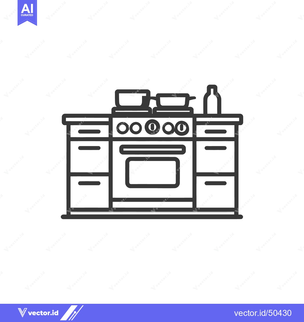 Premium Vector dari Kitchen Stove Icon: Modern Line Art with Pots and Bottle Detail