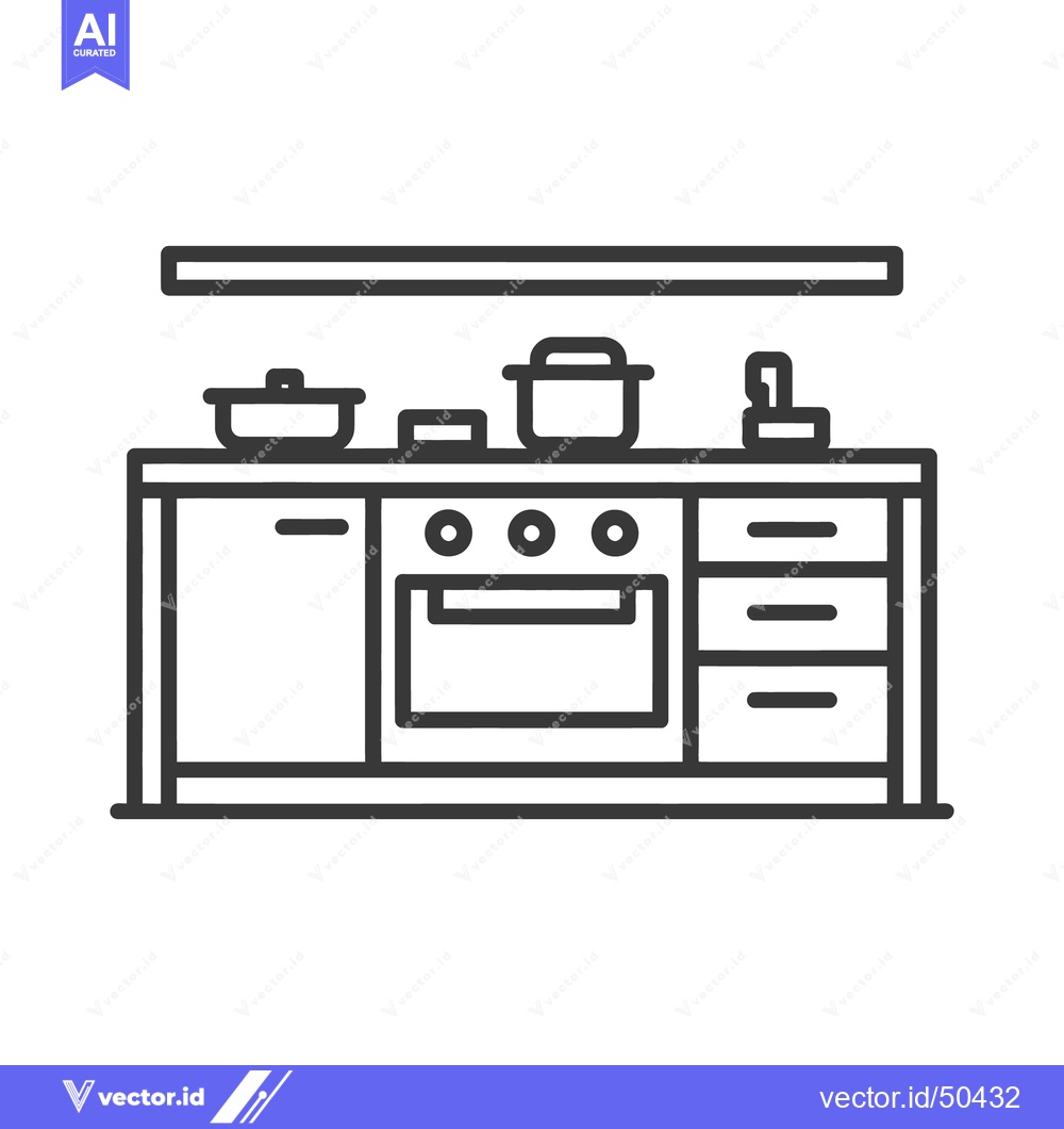 Premium Vector dari Kitchen Counter with Stove, Pots, and Drawers - Minimalist Line Art