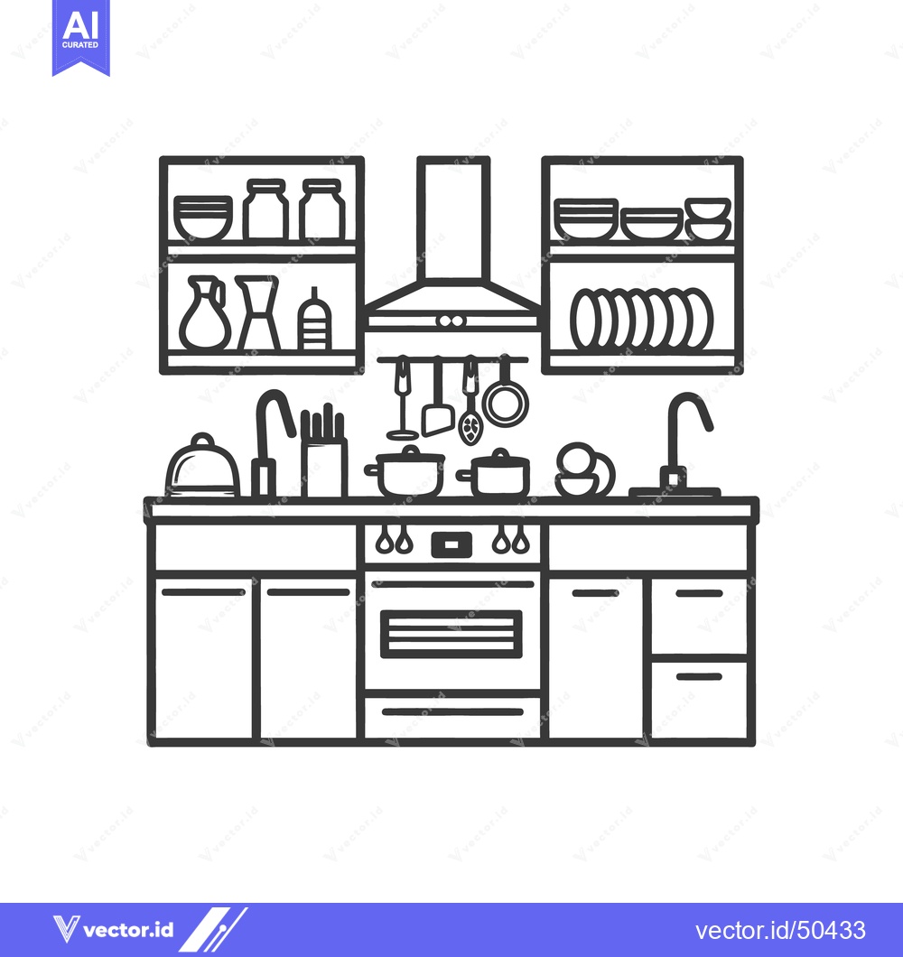 Premium Vector of Detailed black and white illustration of a modern kitchen