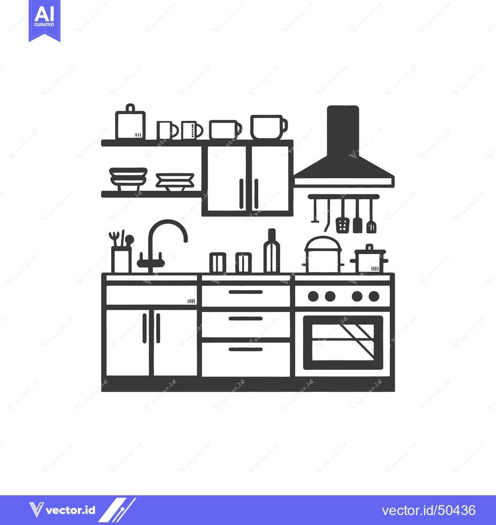 Premium Vector dari Simple black and white illustration of a complete kitchen setup