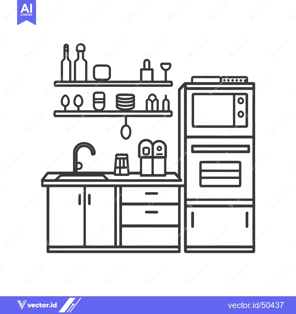 Premium Vector of A monochrome line drawing depiction of a kitchen scene