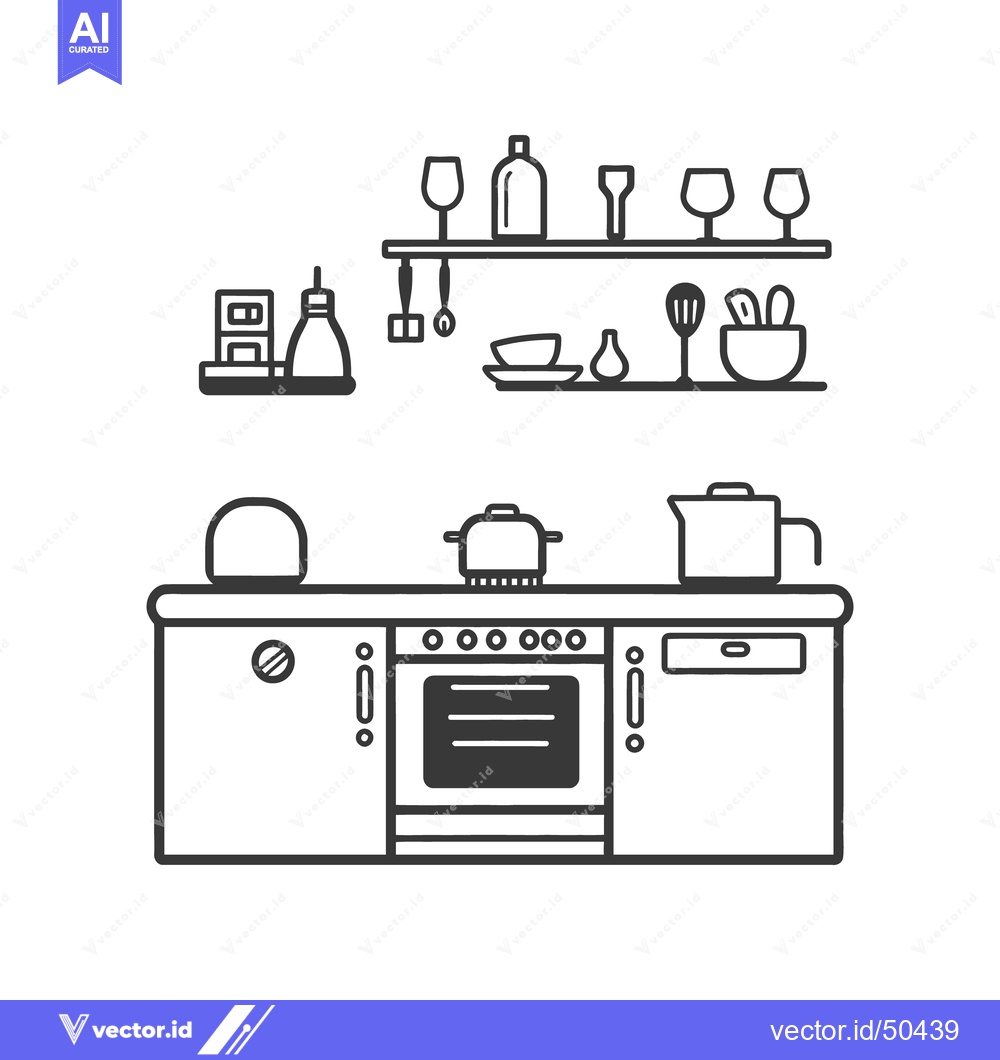 Premium Vector dari Black and white minimalist line drawing of a kitchen
