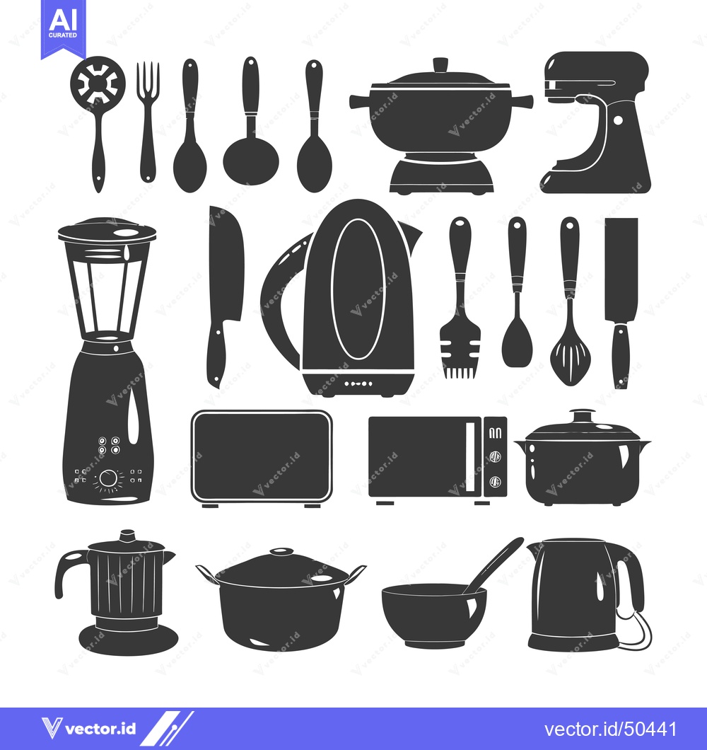 Premium Vector of Kitchen Utensils and Appliances in Black Silhouettes
