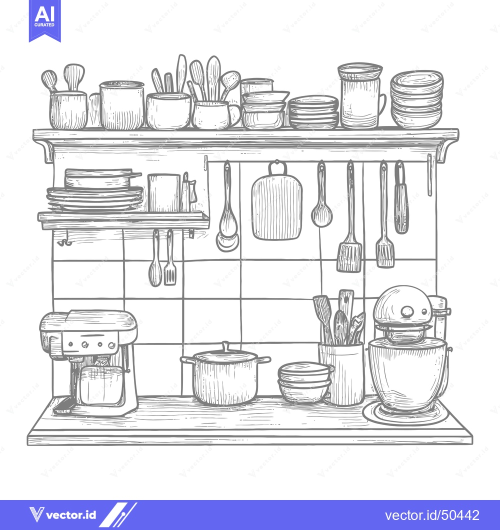 Premium Vector dari Kitchen Utensils and Appliances on a Countertop and Shelves