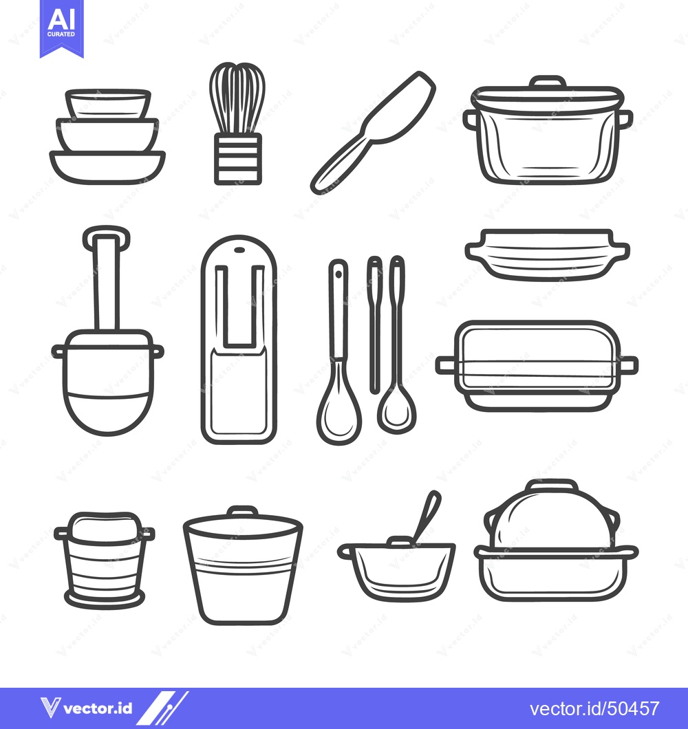 Premium Vector of Black and white illustrations of various kitchen tools and utensils