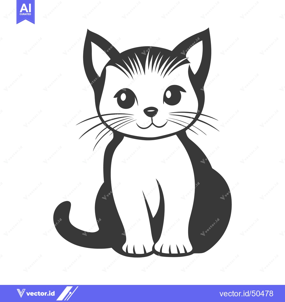 Premium Vector of A charming black and white illustration of a sitting cartoon cat