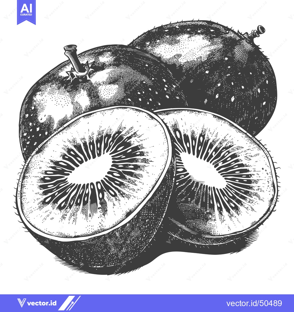 Premium Vector dari Whole kiwifruit and two halved kiwifruit slices