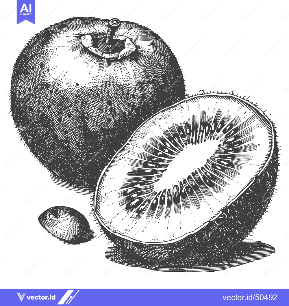 Premium Vector dari A Detailed Engraving of a Whole and Halved Kiwi Fruit