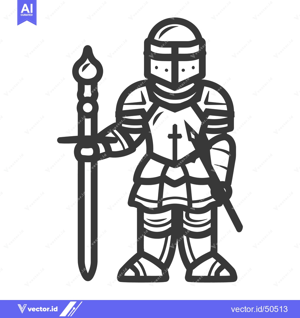 Premium Vector of A standing illustration depicts a knight in full armor holding weapons