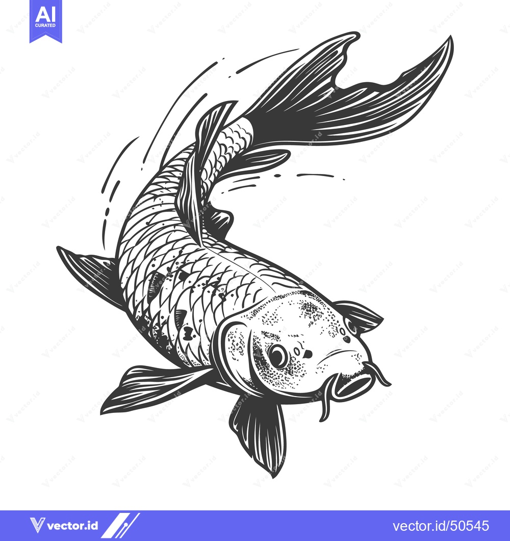 Premium Vector of A stylized black and white illustration of a koi fish swimming