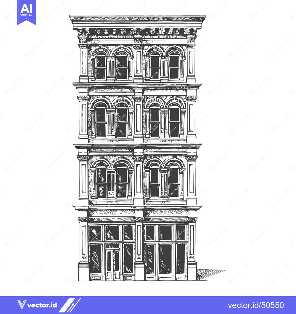 Premium Vector of Elegant Three Story Building Architectural Hand Drawing