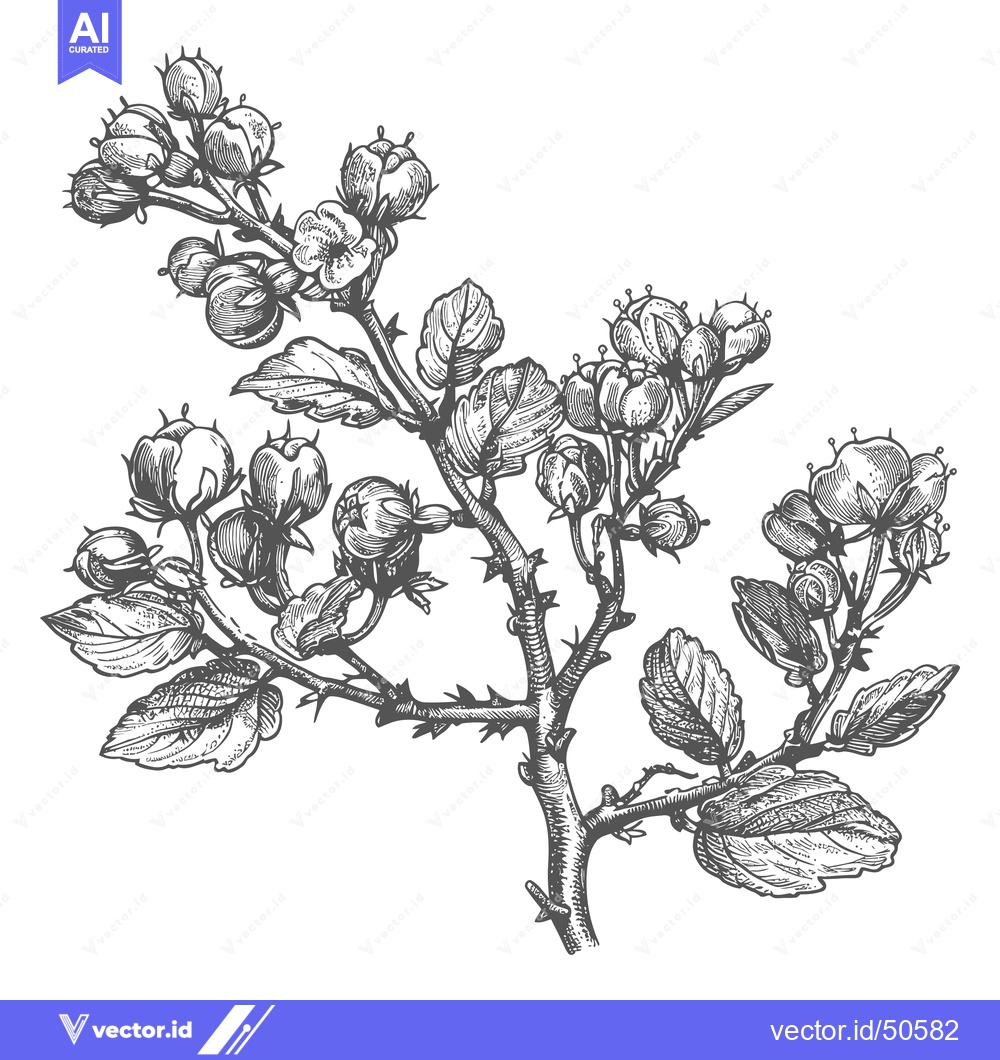 Premium Vector dari Detailed Engraving of a Thorny Branch with Buds and Leaves
