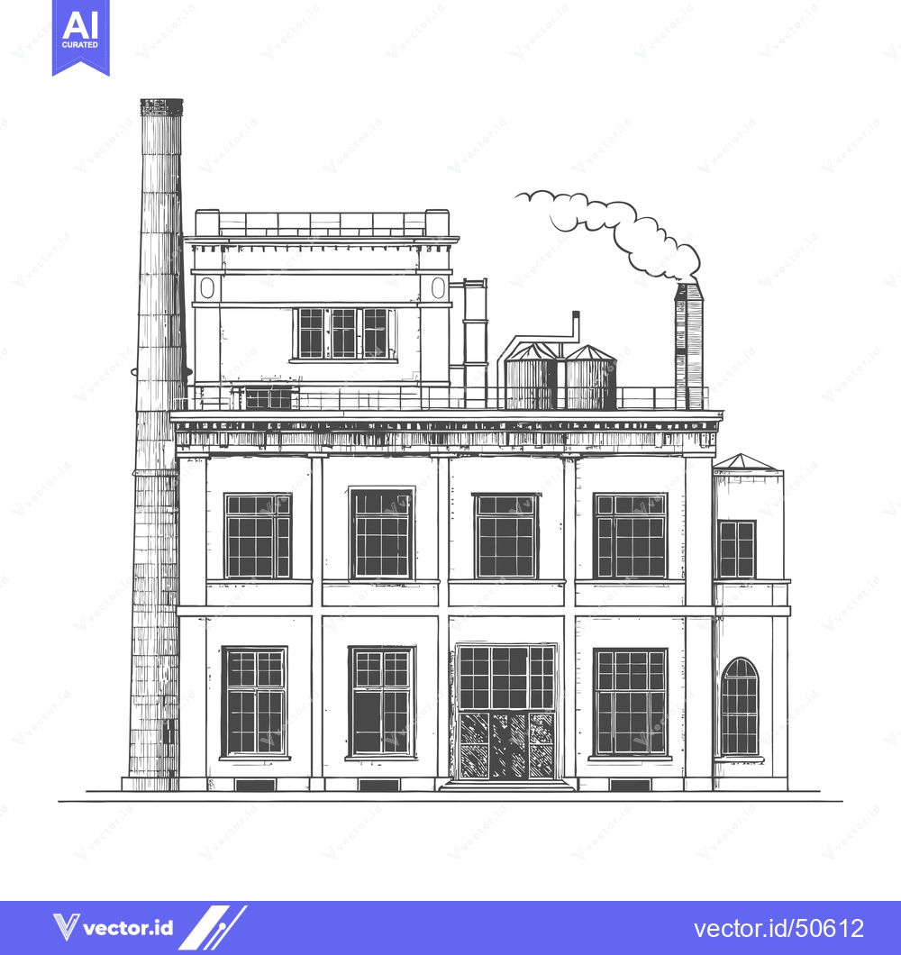 Premium Vector dari Industrial Building Sketch with Tall Chimney and Smoke