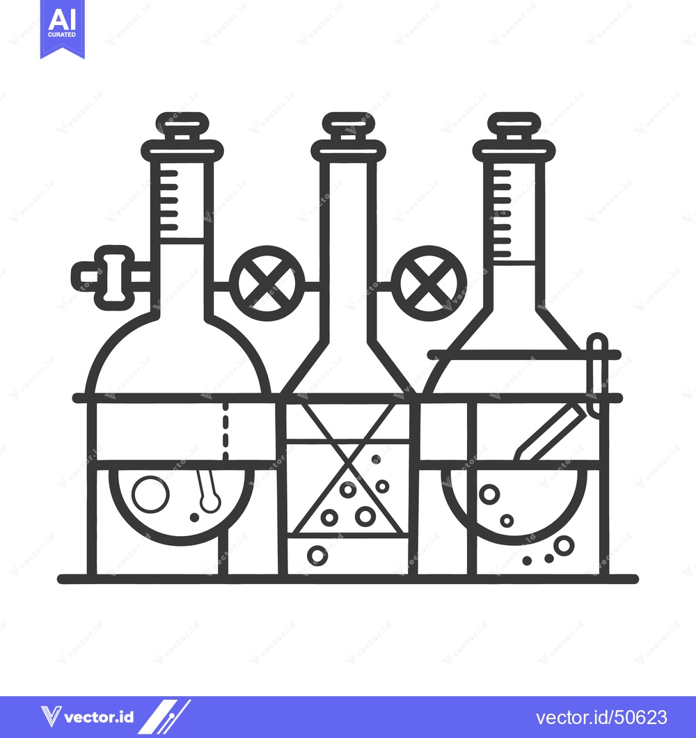 Premium Vector of Illustrated black and white chemistry flasks within a simple lab setup