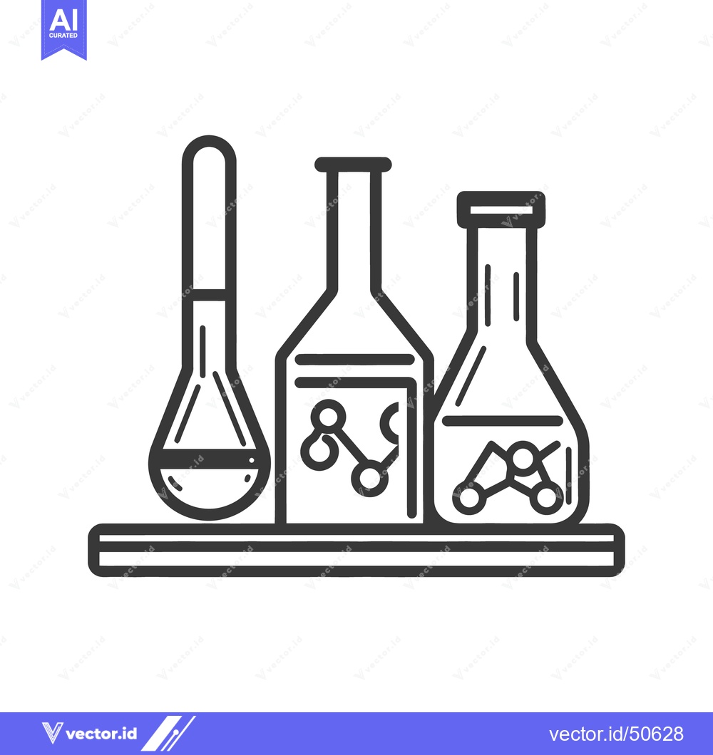 Premium Vector dari Three flasks containing molecules sit on a laboratory shelf