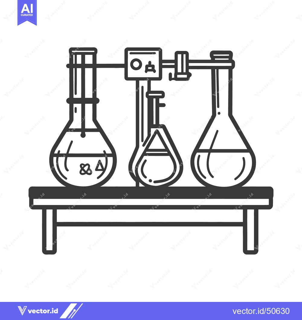 Premium Vector of Laboratory equipment illustration displaying three flasks on a table t