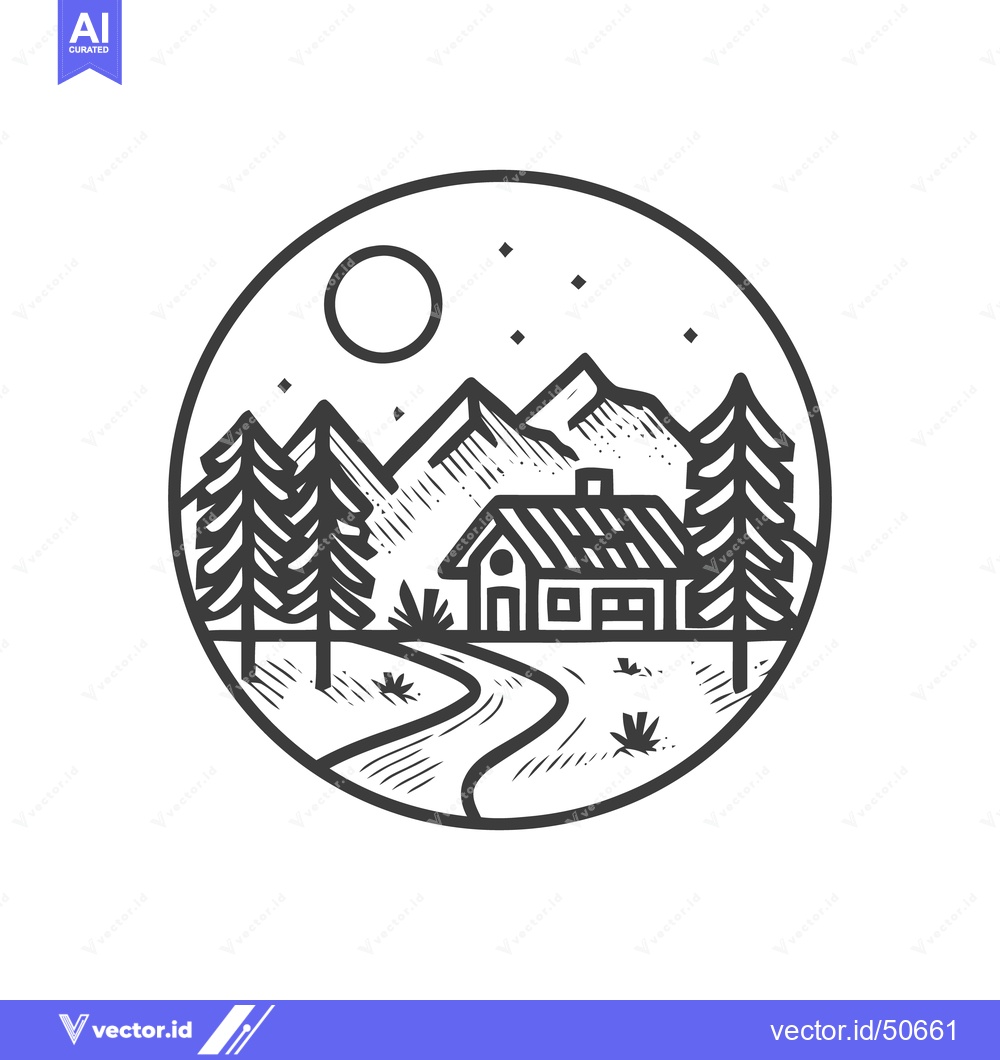 Premium Vector of Cabin in the Woods: Minimalist Landscape with Mountains and Moon