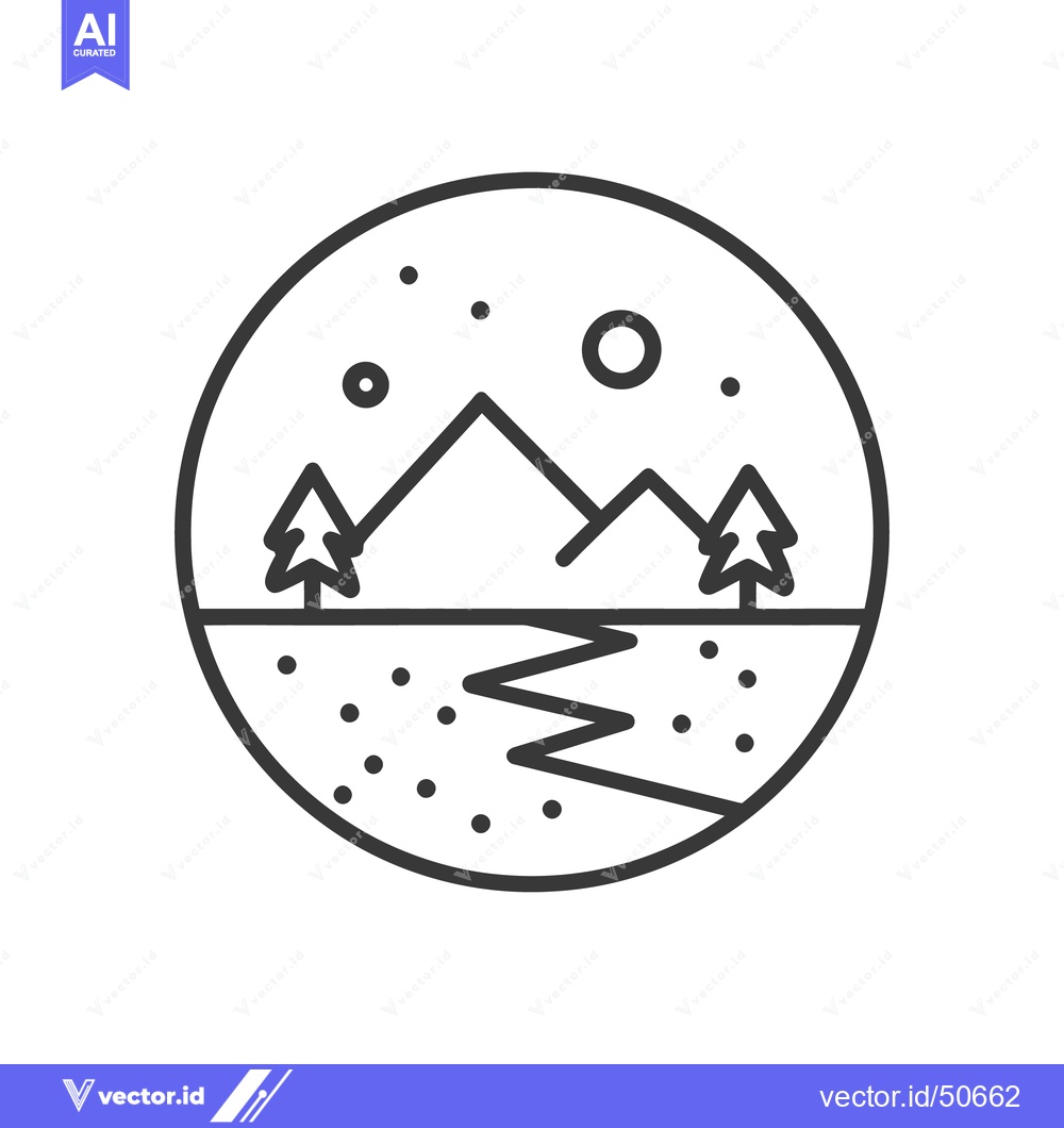Premium Vector dari Minimalist Mountain Landscape Icon with River and Trees in Circle Fram