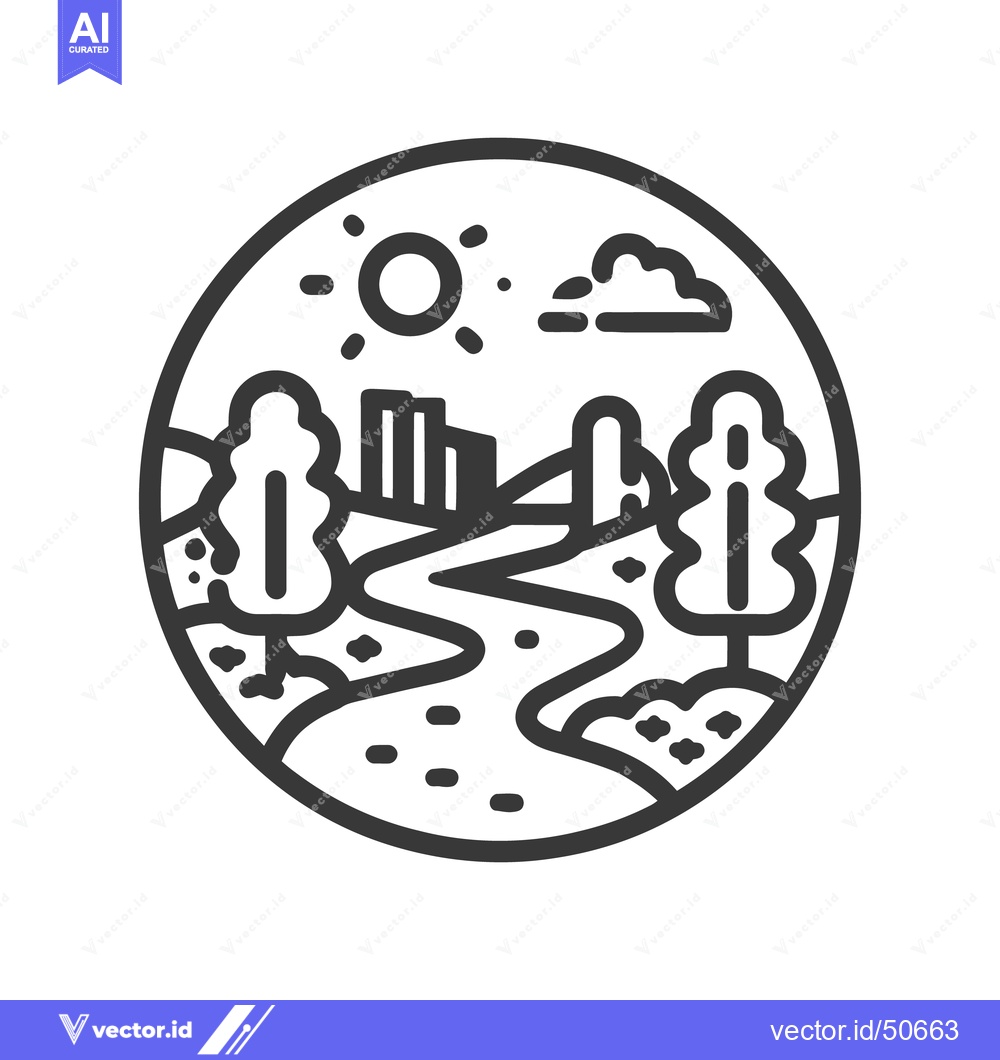 Premium Vector dari Minimalist Landscape Icon: River, City, Trees, and Sun in Circle