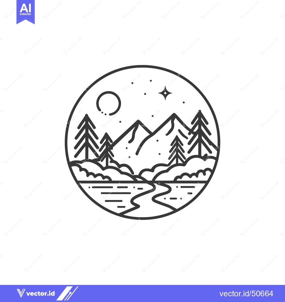 Premium Vector dari Minimalist Mountain Landscape with River, Trees, Moon, and Star in Cir
