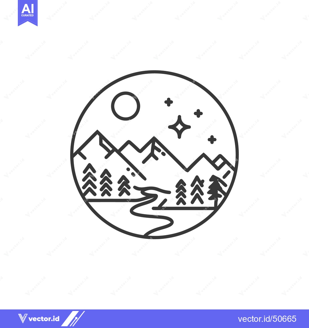 Premium Vector dari Minimalist Mountain Landscape with River, Trees, Moon, and Stars in Ci