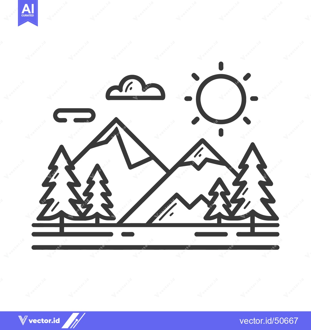Premium Vector dari Minimalist Mountain Landscape with Pine Trees, Sun, and Cloud Outline