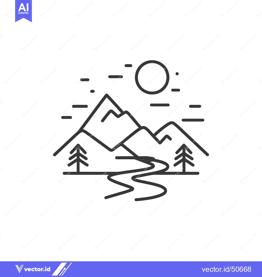 Premium Vector of Minimalist Mountain Landscape with River and Trees Line Art Illustrati