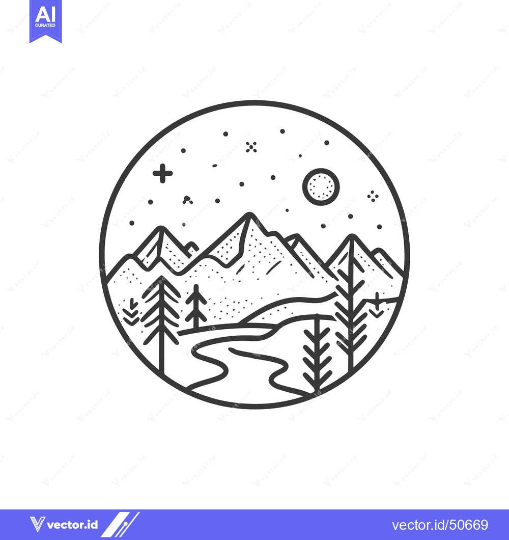 Premium Vector dari Minimalist Mountain Landscape in Circle Frame with River and Starry Ni